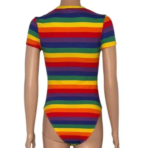 SHEIN Rainbow Striped Short Sleeve Crew Neck T-Shirt Bodysuit - Picture 2 of 2